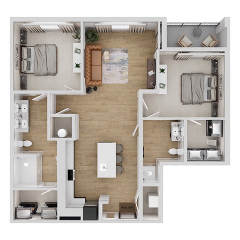 A top-down view of a modern apartment layout with two bedrooms, a living area, and a kitchen.